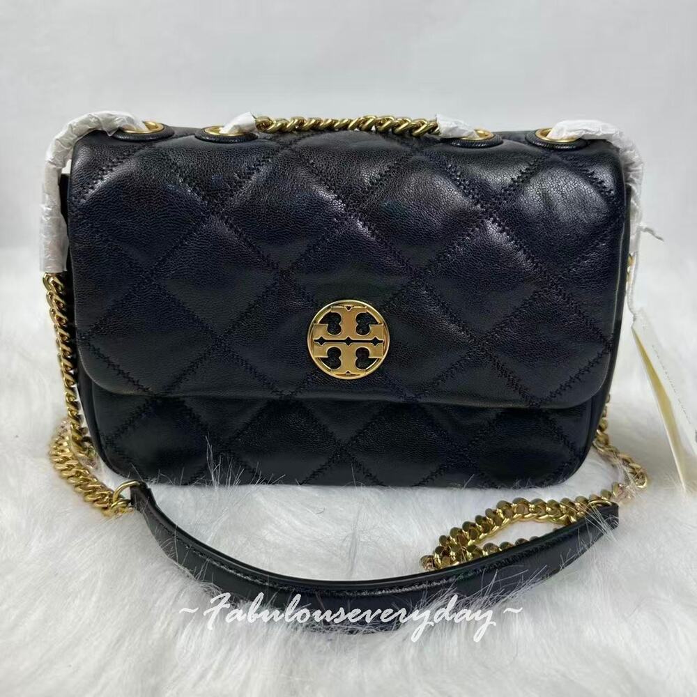Tory Burch WILLA Small Shoulder Bag In Leather/Gold/Black 148243 NWT